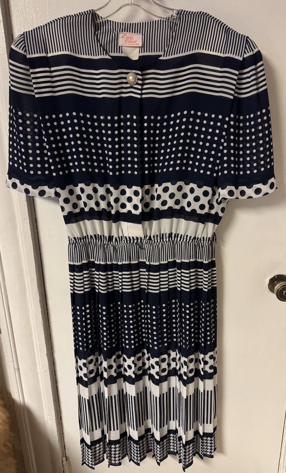 Vintage 80s Lady Carol of New York Women’s Navy Blue and White Stripes and Dots