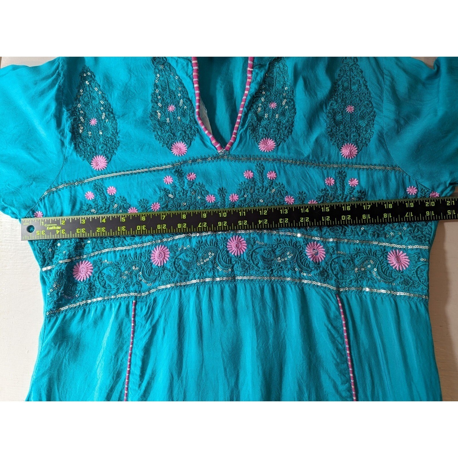 Sha Posh Maxi Dress Womens Size L Floral Embroidered Sequins Grannycore Y2K Teal