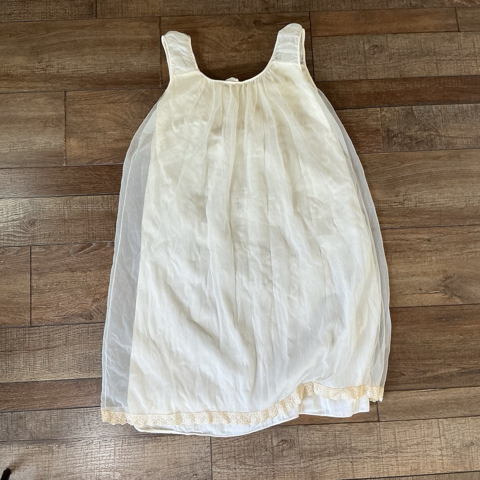 70s VTG Miss Siren Sleeveless Nylon Lace Nightgown Women’s Sz L Ivory USA #30123