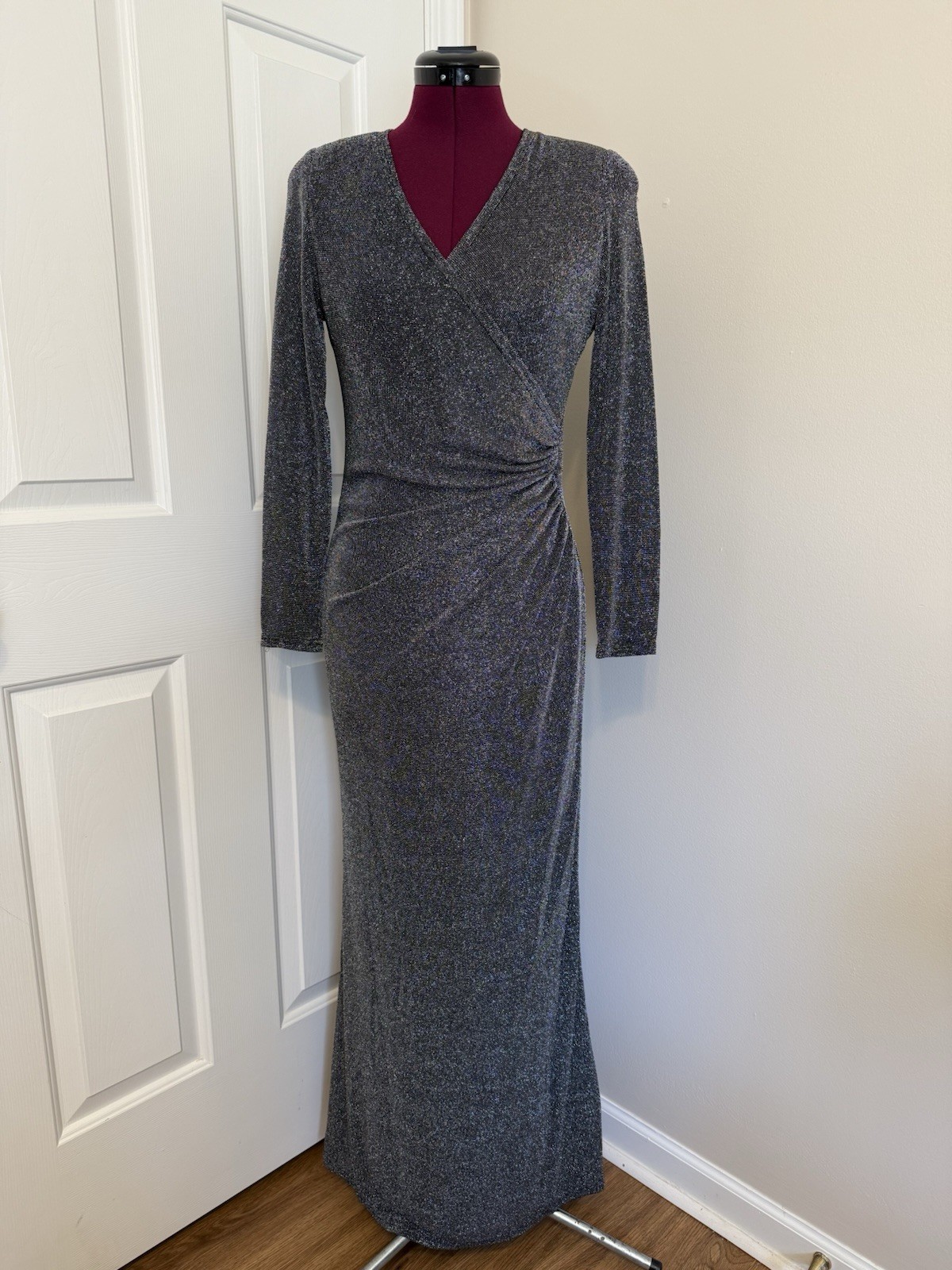 Vtg 1980’s Tadashi Silver Lurex Maxi Gown Size Medium