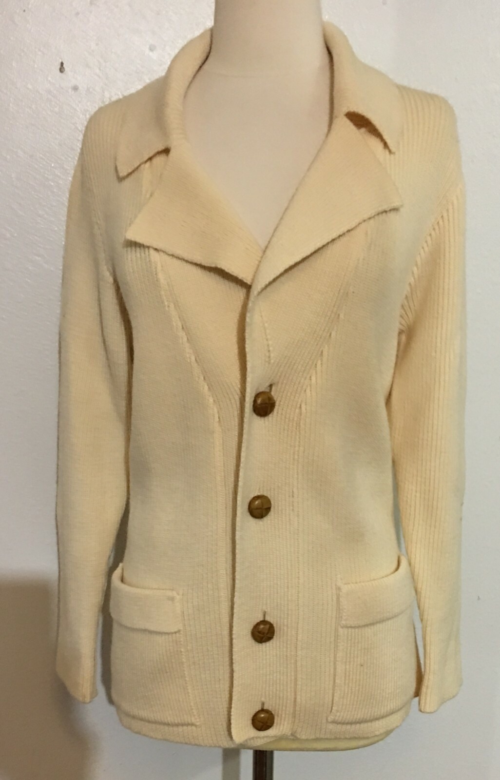 60-70s Jordan Marsh Unisex Cardigan Creamy Ivory Italian Wool Leather Buttons Sm