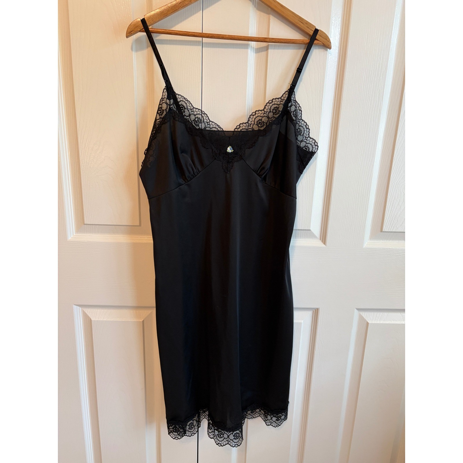 Vintage Black Satin Lace Trim Full Slip Adjustable Straps Floral Detail