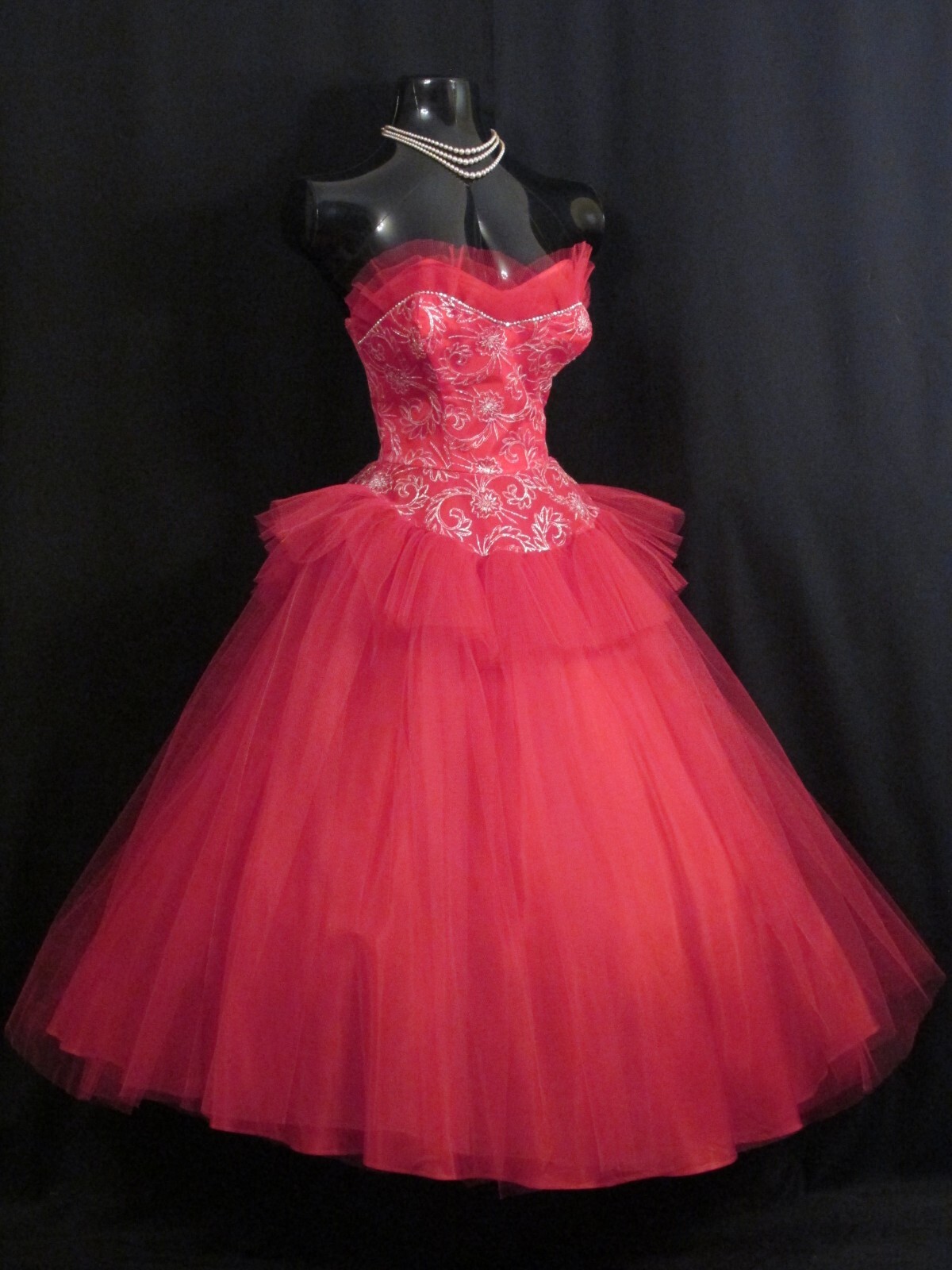 Vintage 50’s 50s Strapless Red Metallic Silver Lace Tulle Party PROM DRESS