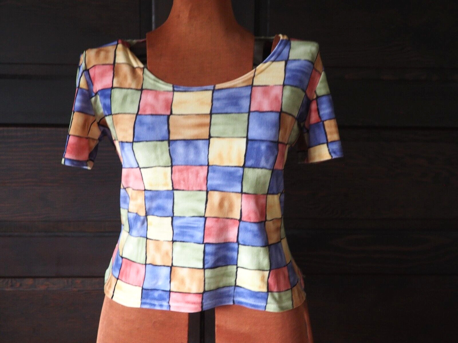 VTG 90s Y2K CINQ Multicolor Velour Check Geometric Stretch Top T Shirt Sz S