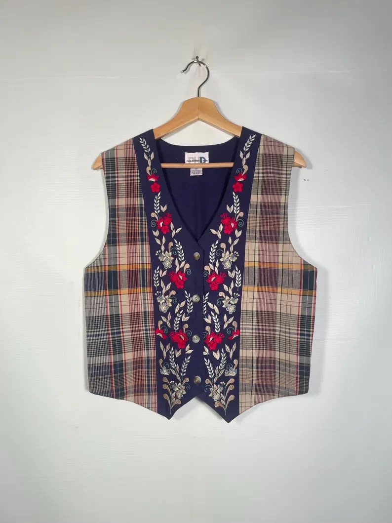 Vintage 1990s Embroidered Floral And Plaid All Cotton Vest Size M