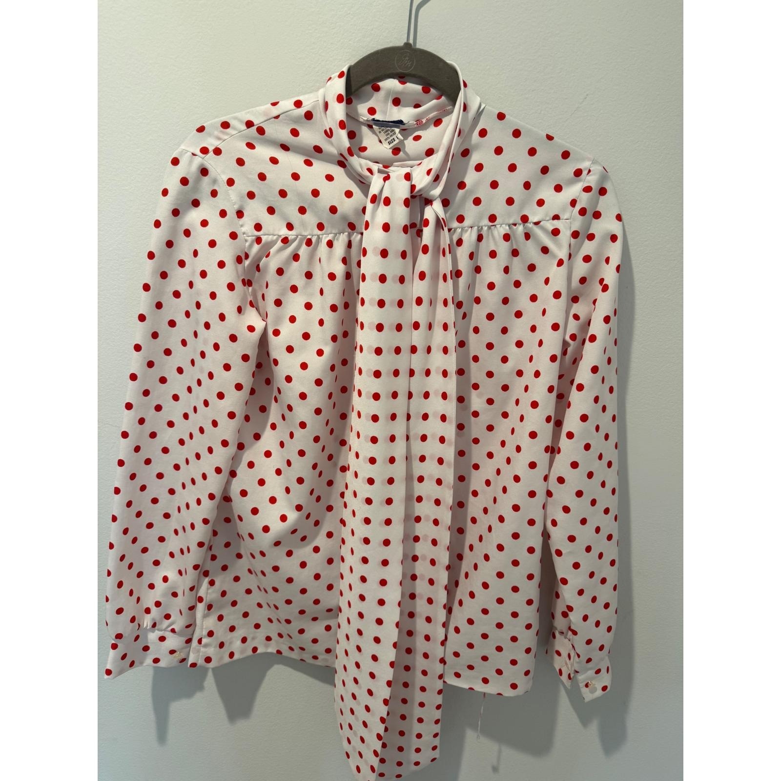 Vintage 70s Mardi Mode Polka Dot Tie Neck Blouse Red White Retro Top Size 10