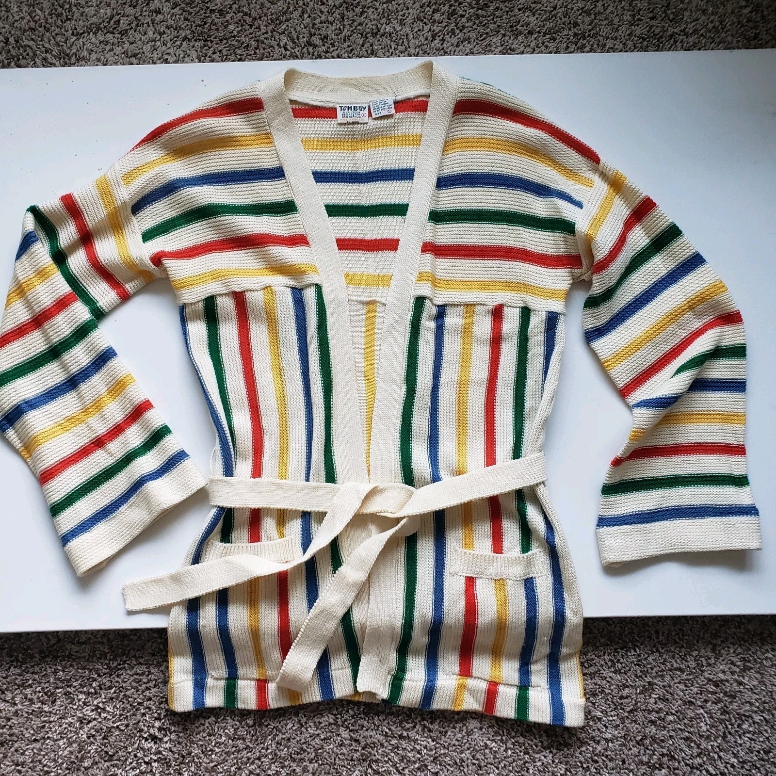 Vintage 1970s Tomboy Of California Multicolor Striped Knit Sweater Waist Tie