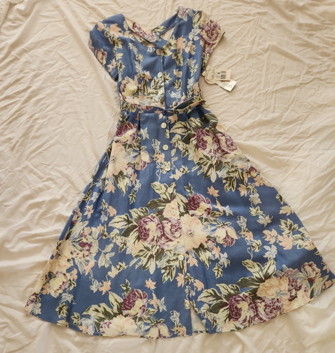 VTG NWT Womens P6 Sundress Tea Dress 80’s Blue Floral Cottagecore Unworn USA
