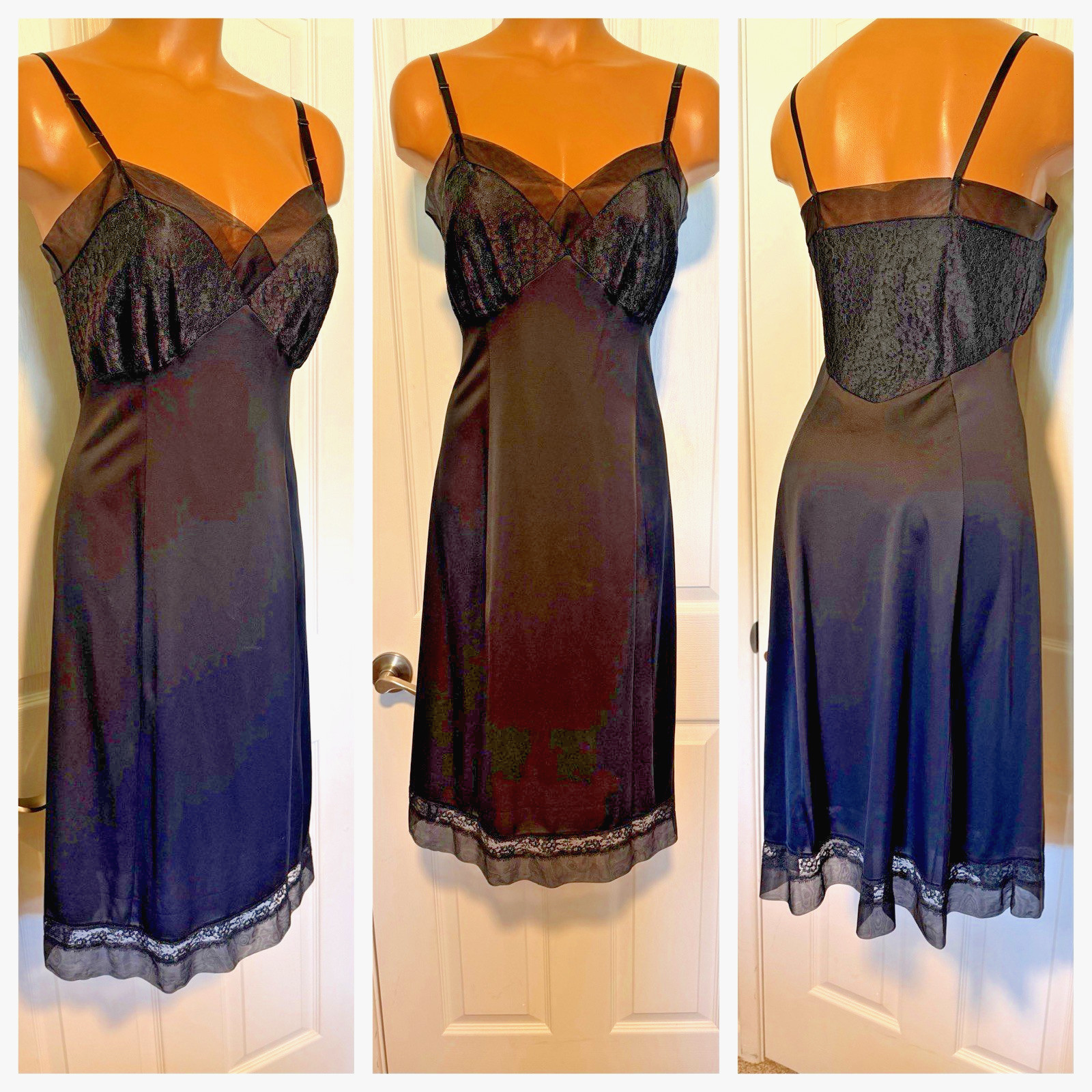 VTG 1960’s VAN RAALTE SUAVETTE BLACK W/ CHIFFON & LACE TRIM FULL SLIP SZ 32