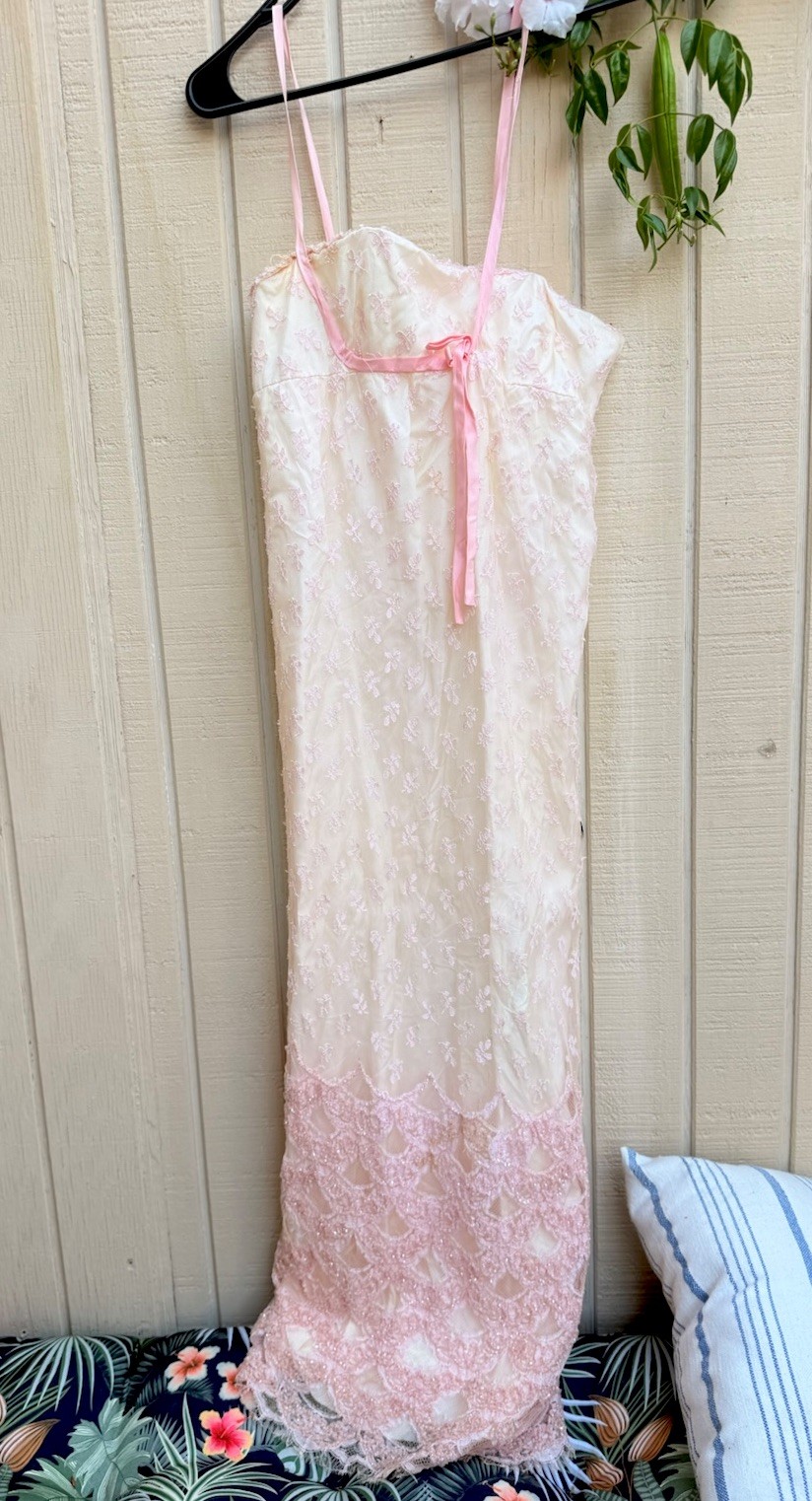 Vintage 60s 70s Jean Varon John Bates Pink Lace Silk Maxi Dress Robinson’s UK
