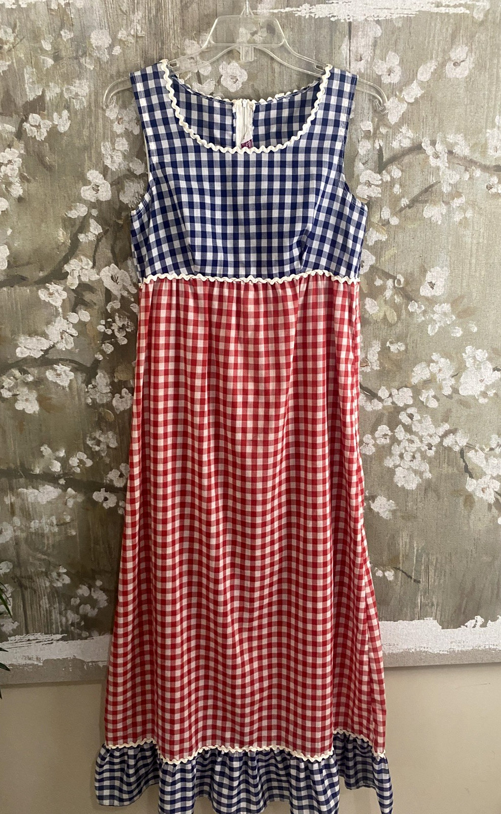 VTG Red White Blue Sleeveless FRITZI Maxi Boho Cottagecore Prairie Farm Dress S
