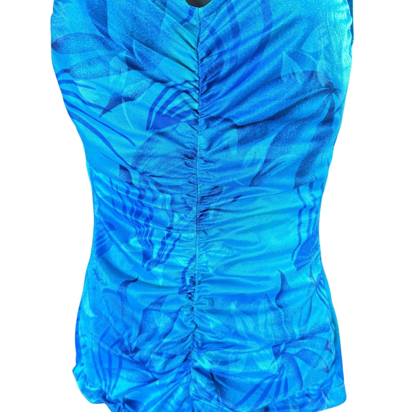 Vintage Maxine of Hollywood One Piece Swimsuit 12 Ruched Blue Palm Leaf 90s