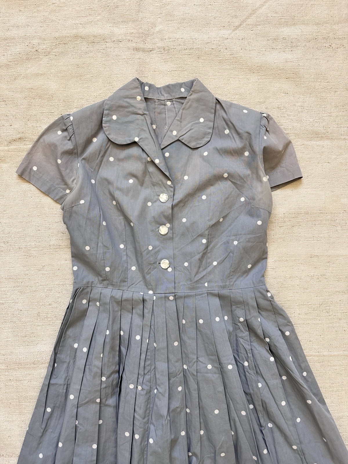 1950s Vintage Handmade French Cotton Farm Chore Dress Polkadot Grey Faded Small
