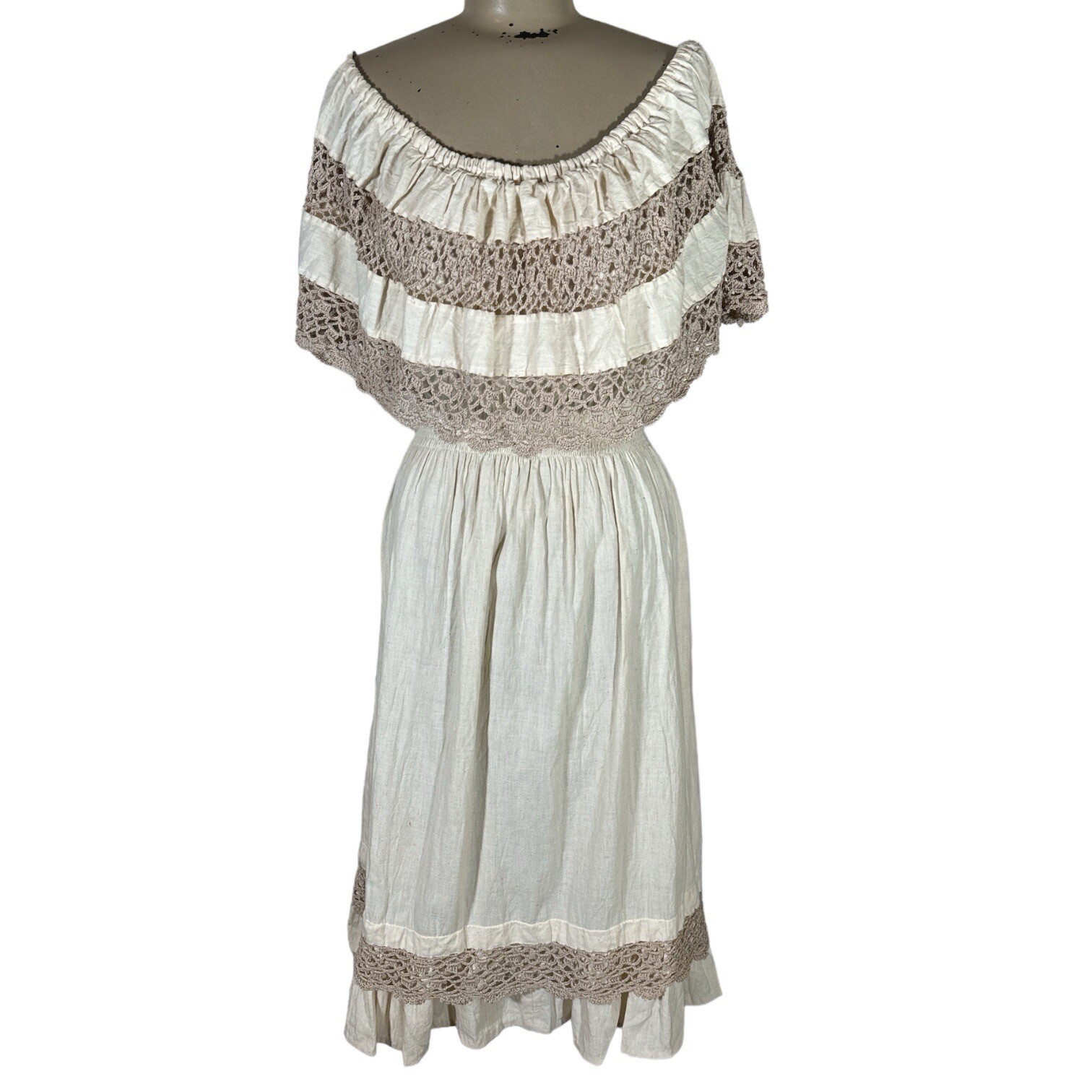 Vintage Monica Richards Boho Mexican Off Shoulder Linen Dress Cottage Ethnic