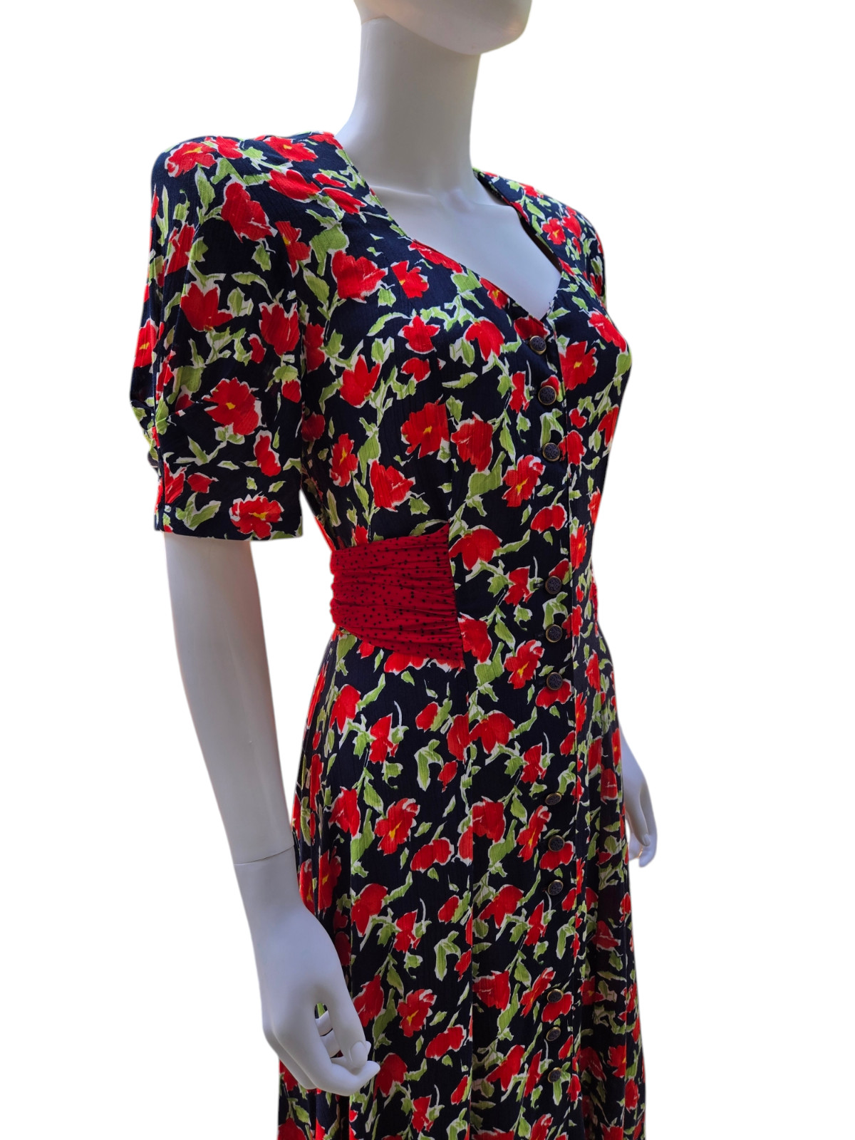 VTG 80s Does 40s Carole Little Rayon Gauze Red White Blue Floral Print Dress S M