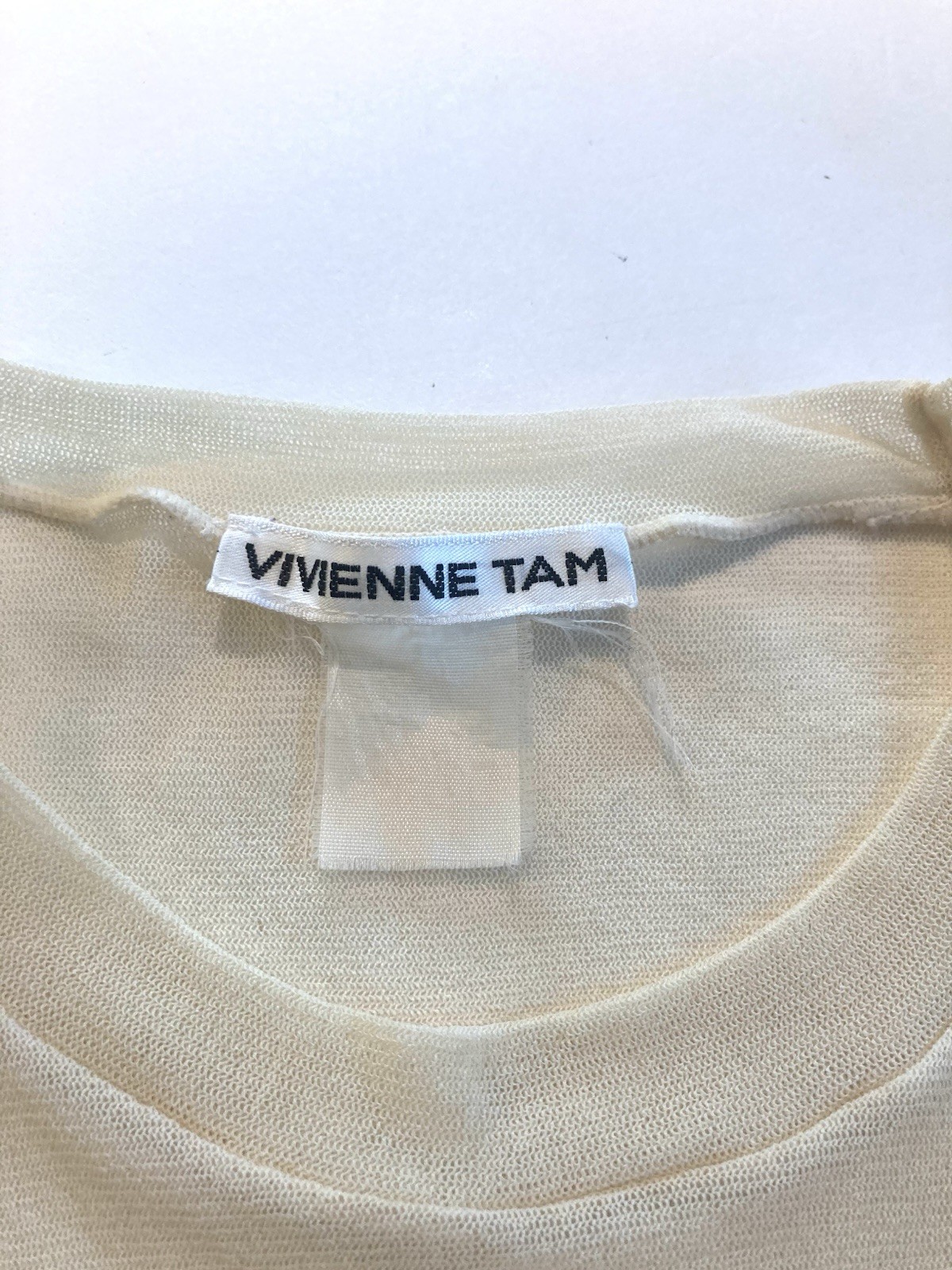 Vintage 1990s Vivienne Tam mesh top embroidered Asian figures, flowers