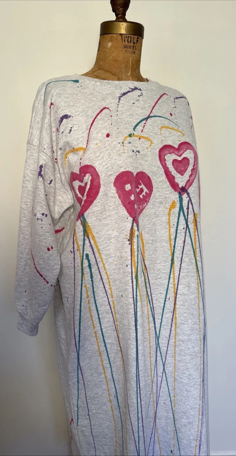 Vintage 80’s Cozy Sweatshirt Dress Heart Splatter Paint Print Cozy One Size