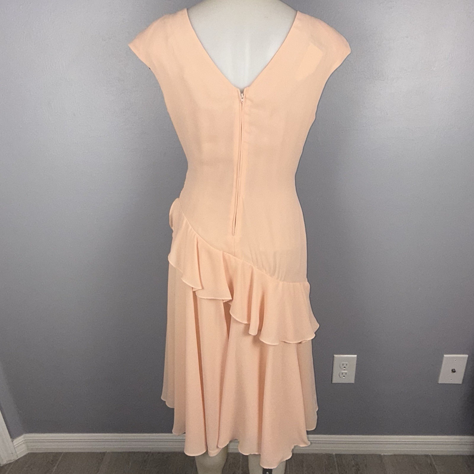 Vintage Mister Jay Peach Ruffle Sequin Midi Dress Size 12 Made in USA * READ