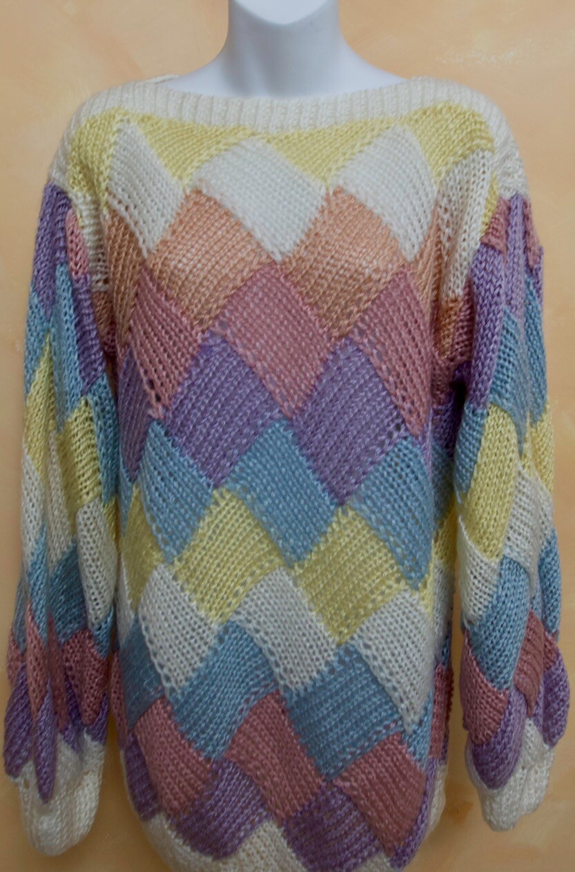 Vintage 80s/90s Sweetbriar Rainbow Pastel Sweater – Balloon Sleeves, High Neck