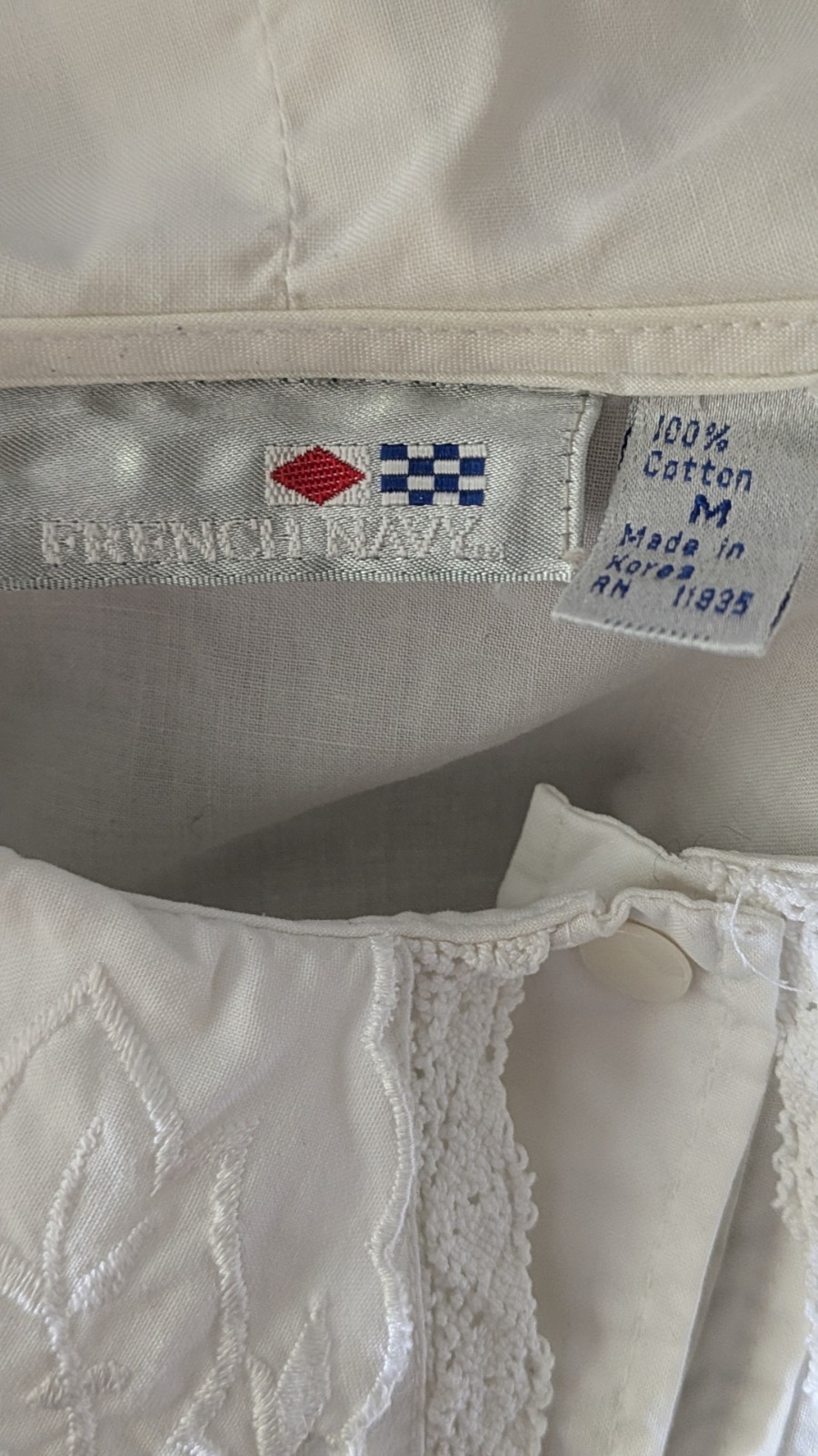 Antique White Cotton Blouse, Hand Embroidered, Cinched waist, French Navy Sz M