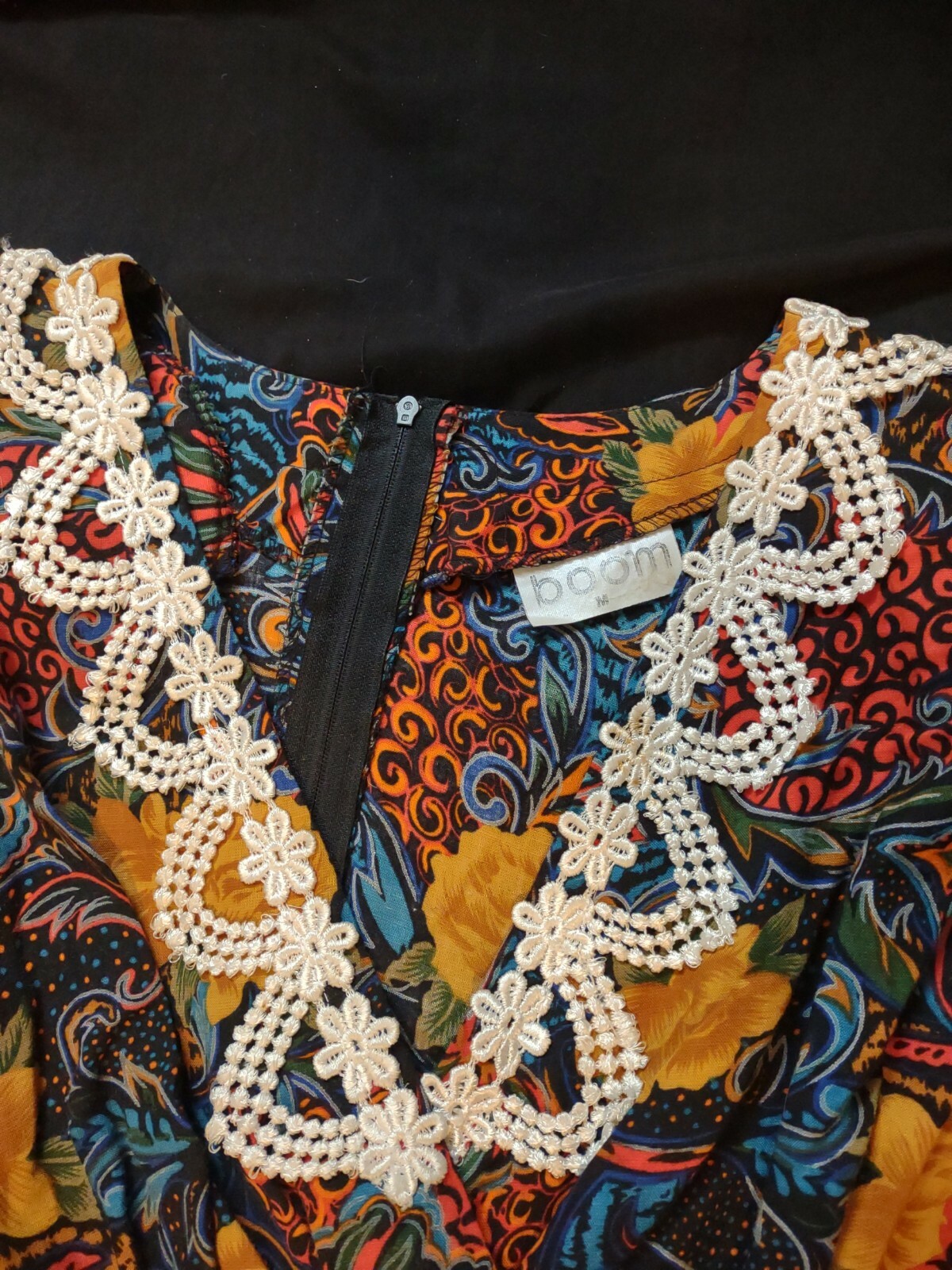 RARE Vintage BOOM Hippie/Bohemian/BOHO Dress, Black Red Blue, Orange Flowers
