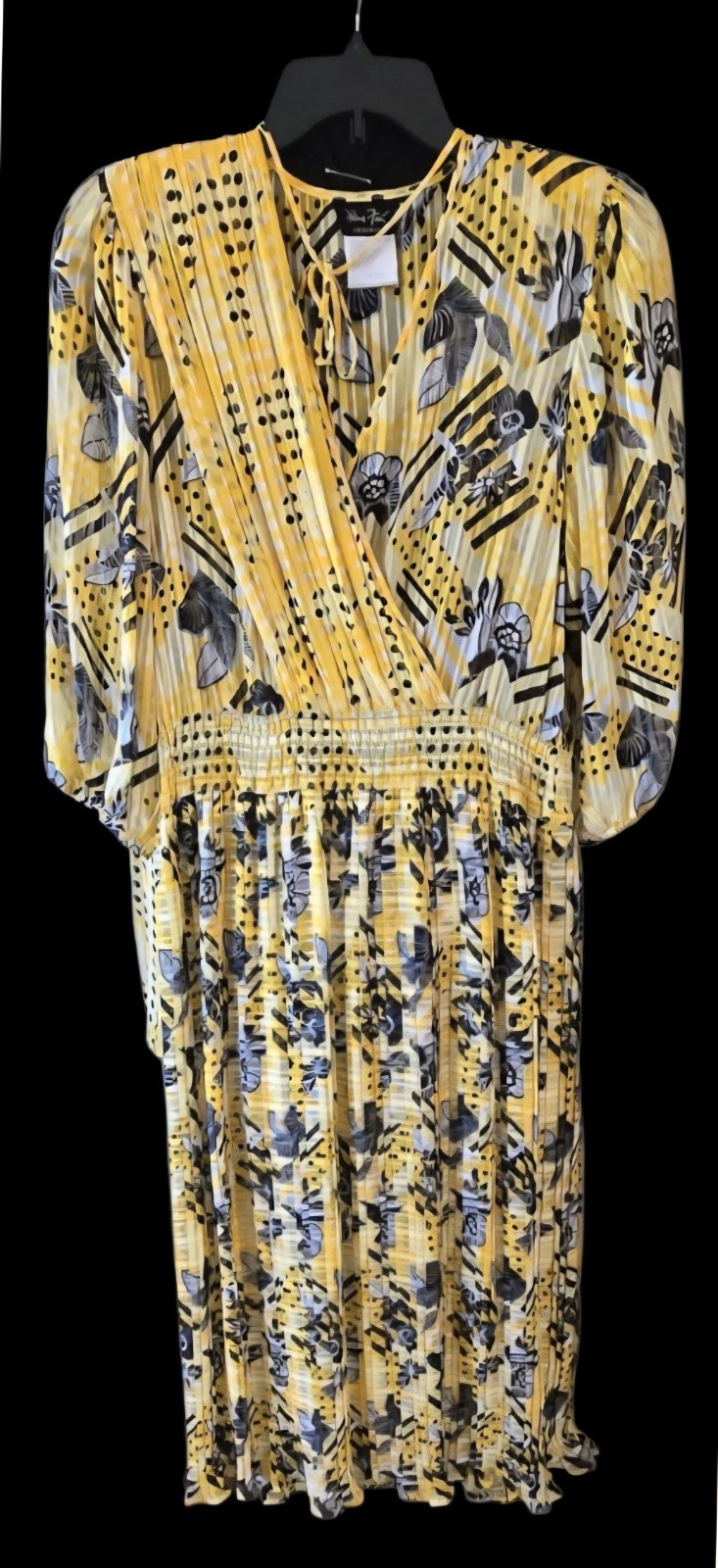 1980s DIANE FREIS ORIGINAL Yellow And Black Polyester Georgette pleated dress M
