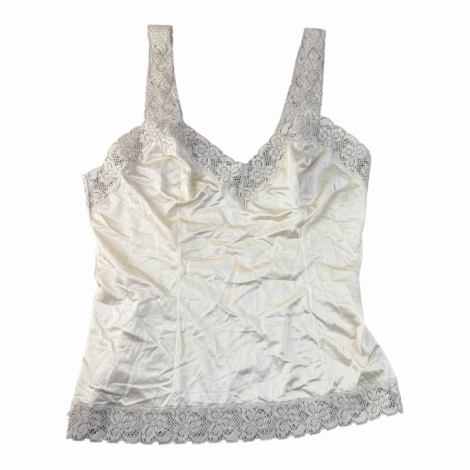 Vtg Komar Camisole Top 36 Lace Trim Blush Beige Silky Satin Nylon USA