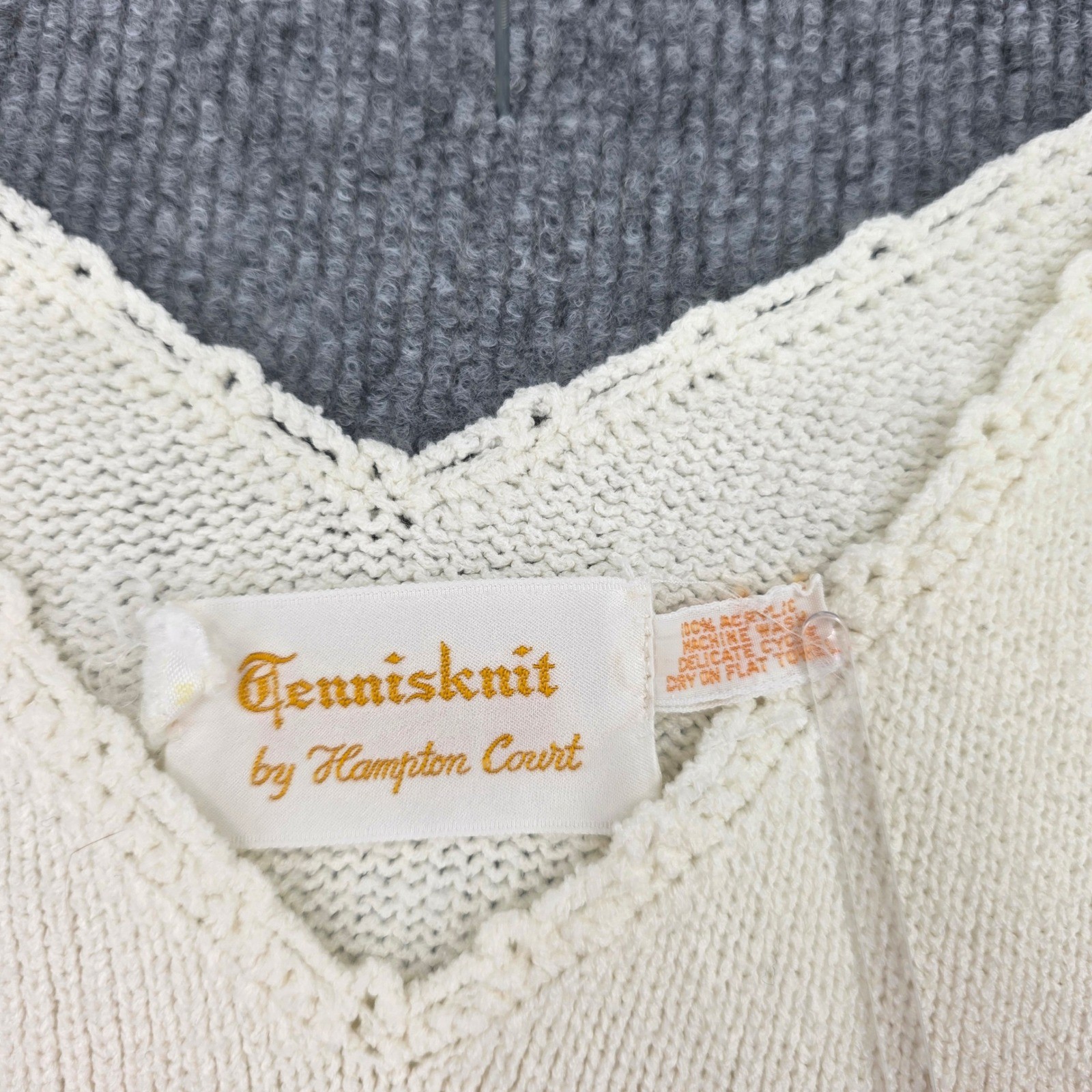 Vintage Tennisknit by Hampton Court Cream Pointelle Knit V-Neck Tennis Dress L