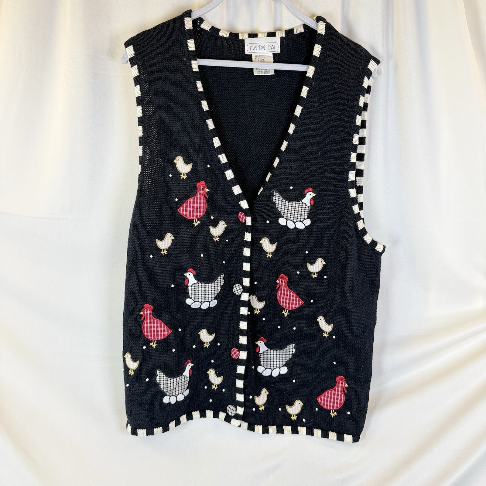 Mandal Bay Womens Vintage Knitted Chicken Vest Black & White Chicks Eggs Sz XXL