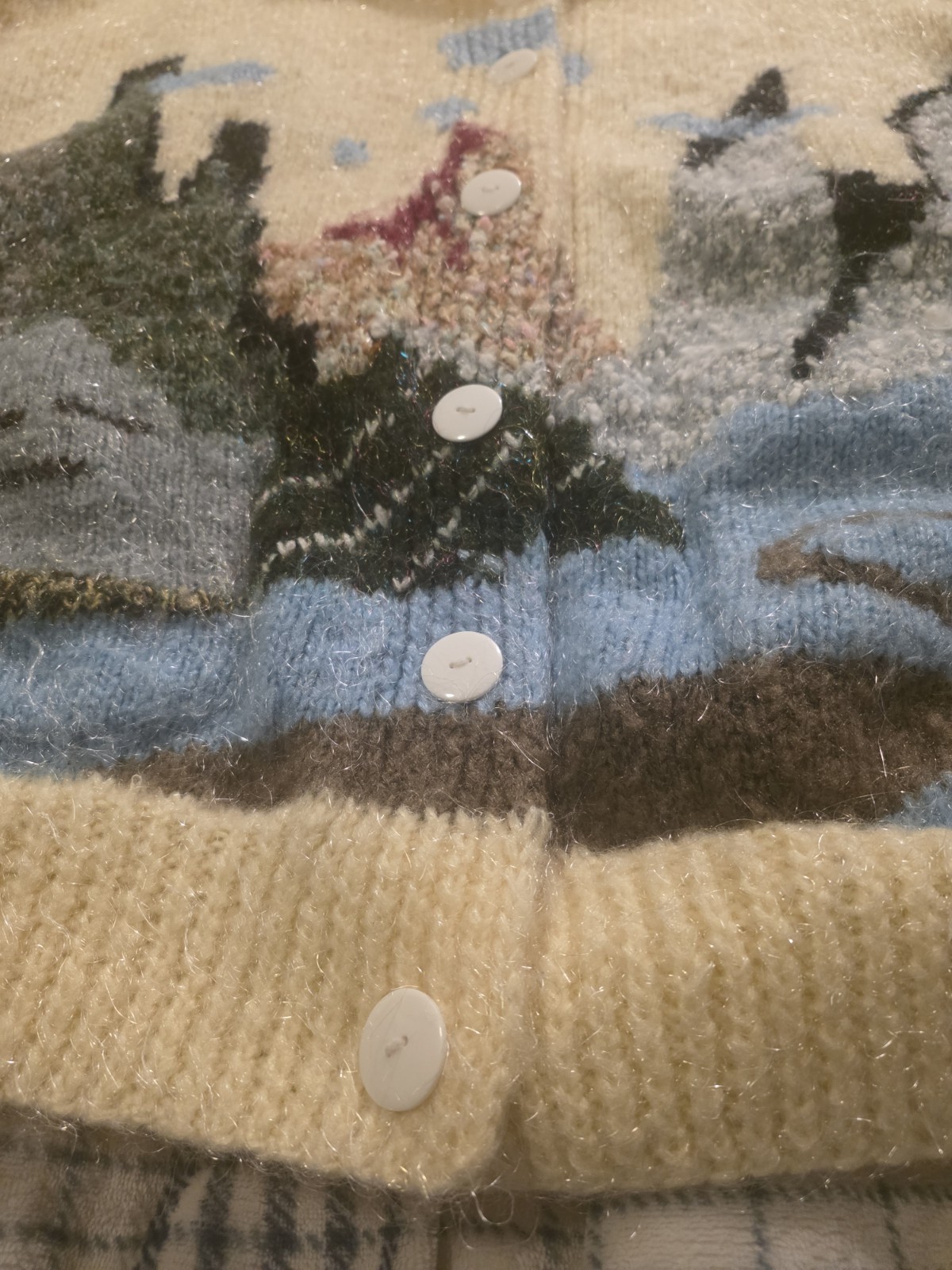 Vtg 70s Hand Knit Fuzzy Acrylic Cardigan Sweater Mountain Landscape Womens Large
