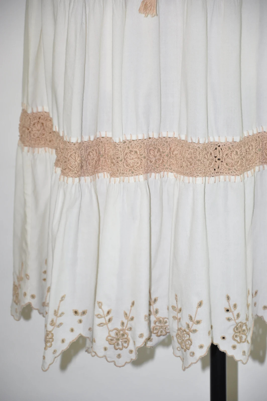 60s Beige White Sheer Crochet Knit Strappy Bohemian Peasant Sundress Women S M