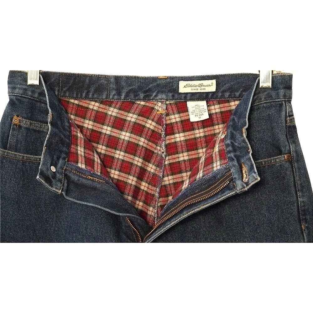 Vintage Eddie Bauer Flannel Lined Jeans Women 12 Petite Blue Plaid High Rise Mom
