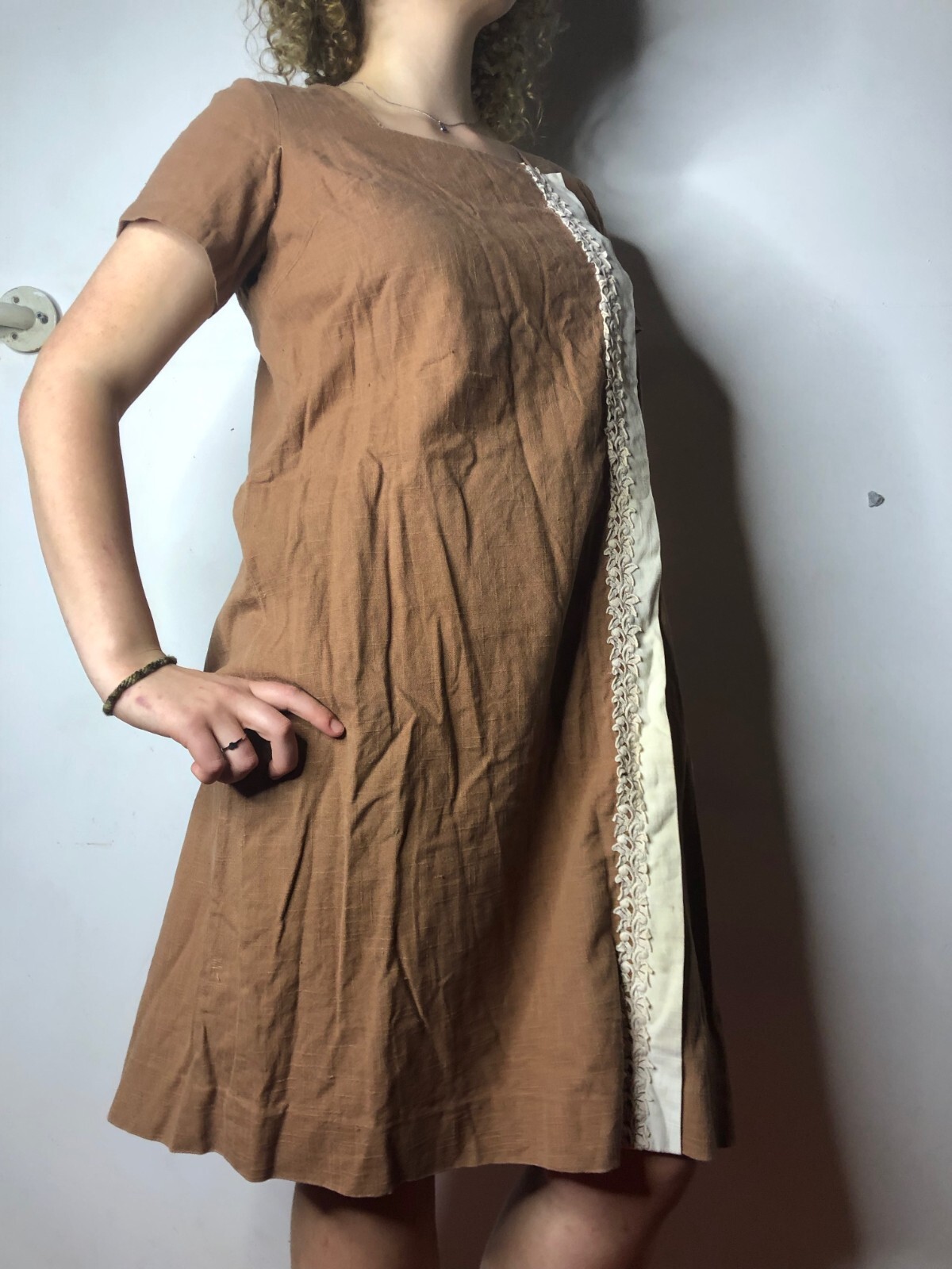 Vintage Revelry 1960s Brown Tunic Dress Linen with Embroidery AU 14