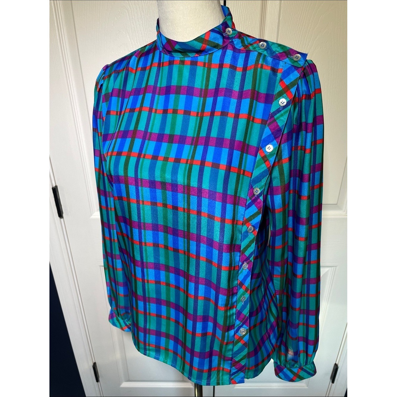 Vintage Liz Claiborne Plaid Blouse Teal Purple Green Red Button Side Panel Sz 8
