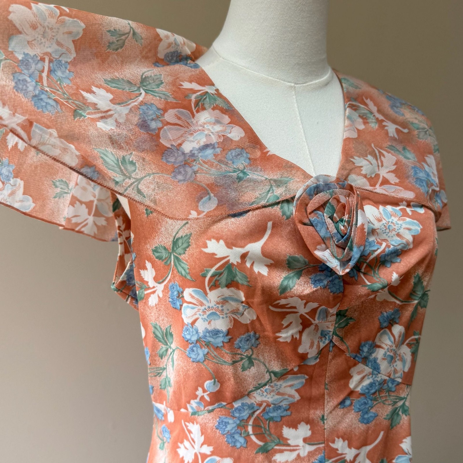 Vintage 1970s Orange Floral Print Maxi Dress Capelet Flutter Sleeve