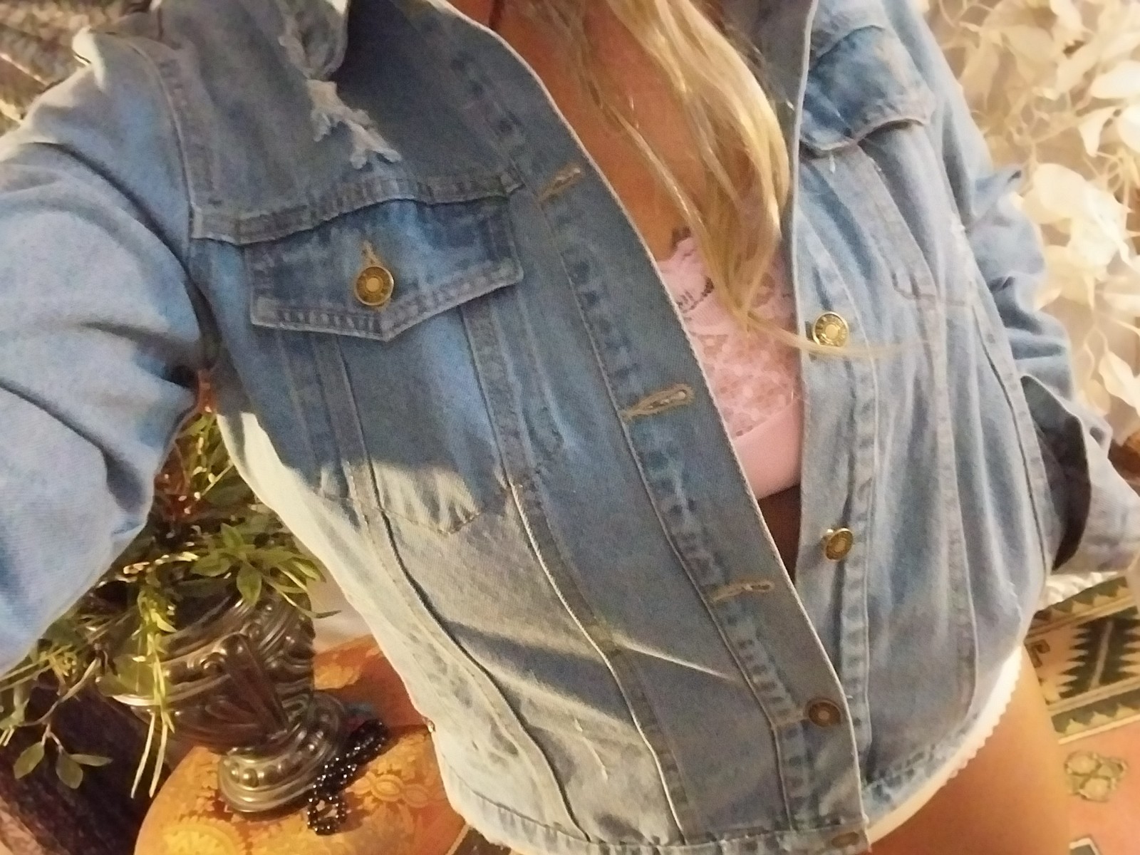 VTG Y2K 90’S BOHO Embroidered Denim Jacket Floral Embellished Tribal Pyramid SEE