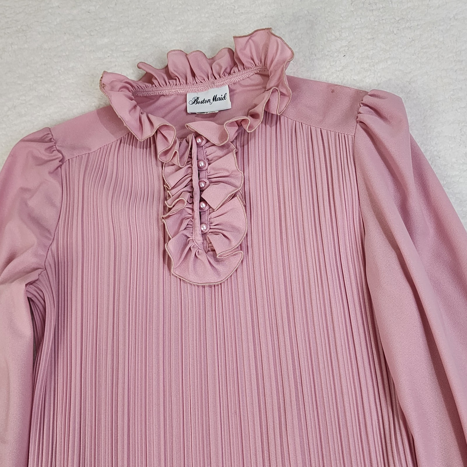 Ruffle Neck Blouse Vintage 70s Pink Sz 14 Boston Maid Pink Ruffled Top #1355