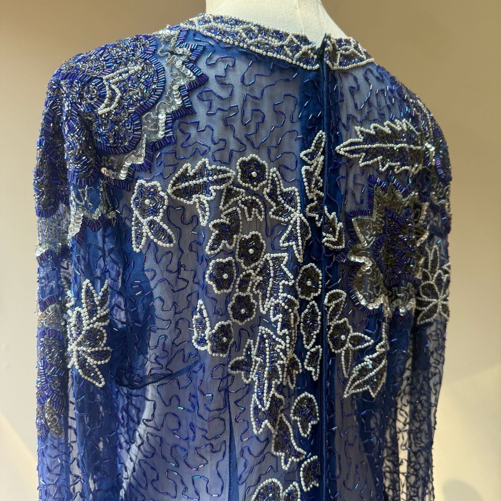 Vintage 100% Silk Beaded Evening Dress Gown Long Sleeve Royal Blue