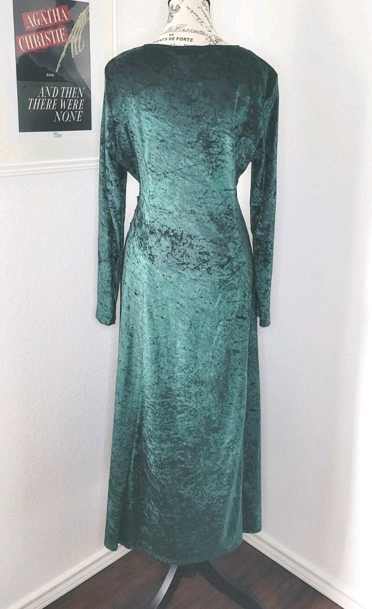 Vintage Crushed Velvet Emerald Green Maxi Dress Whimsygoth Lace Up Size Large