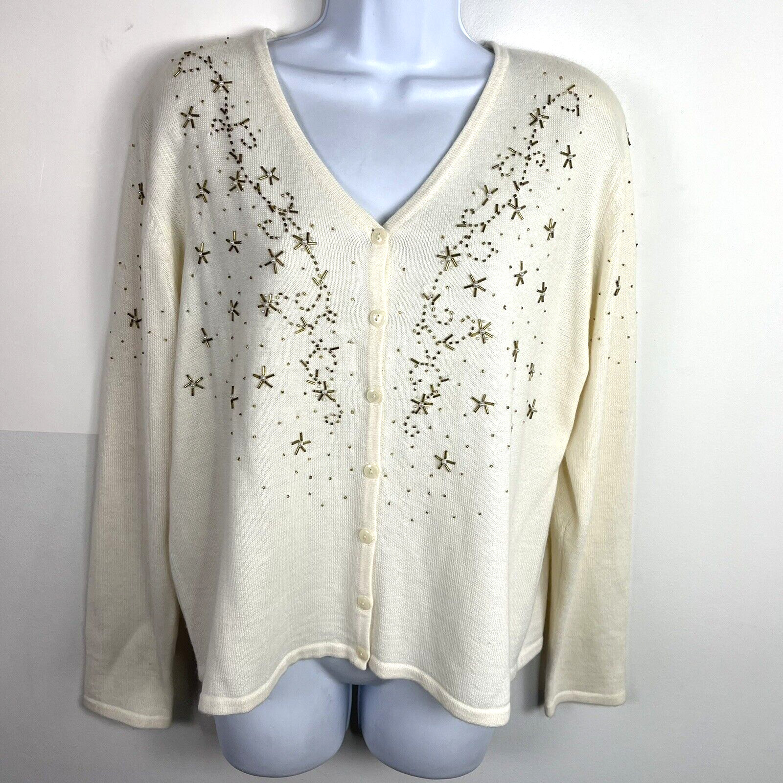 Karen Scott Cardigan sz L Ivory Gold Embroidered Snowflake 90s Retro VINTAGE vtg