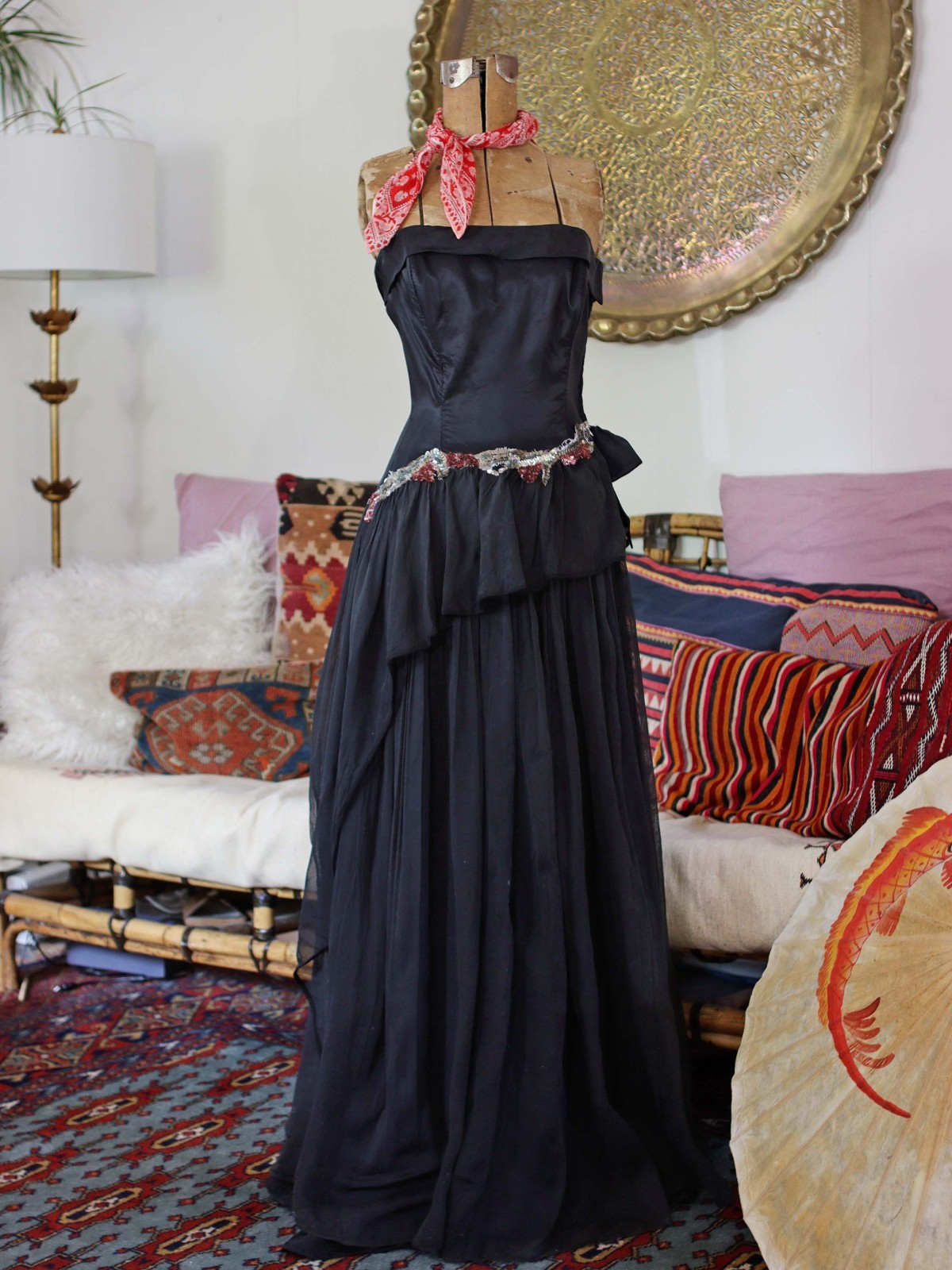 VTG 1940s Black Strapless Gown 40s Formal Evening Prom Dress Peplum Skirt Sequin