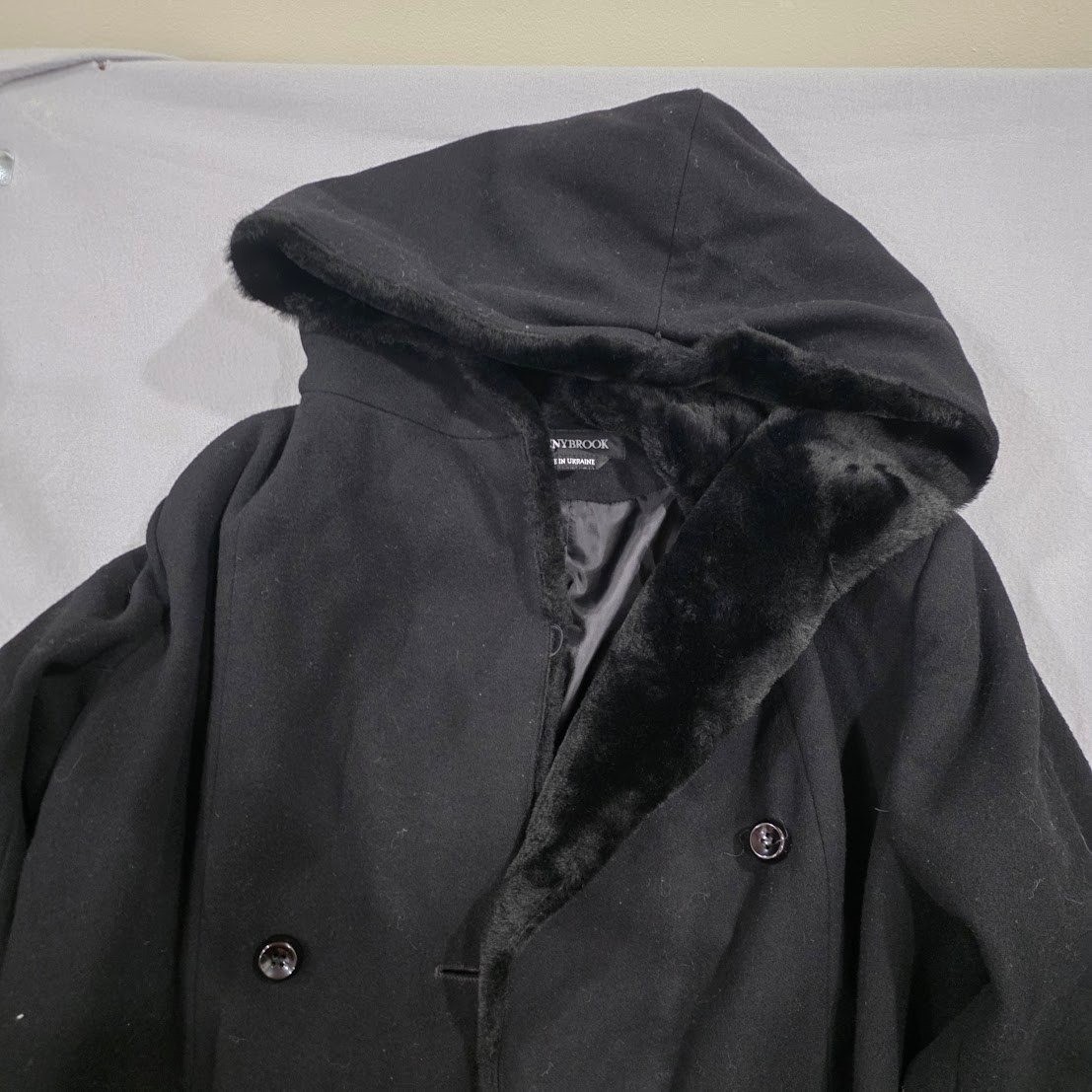 Vintage Donnybrook Black Wool Coat Faux Fur Hooded Double Breasted Jacket Sz 12