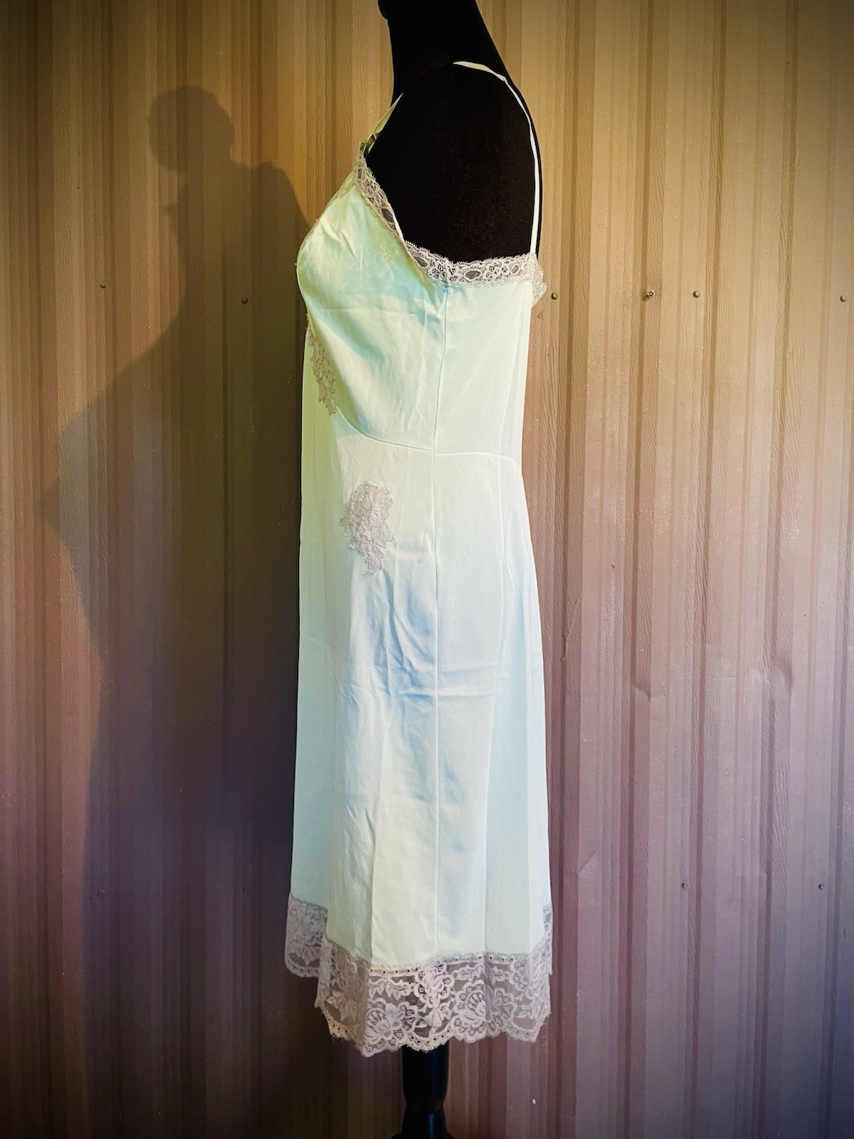 VTG 70s Sears Slip Dress Nightgown Sea foam Green Babydoll Nylon Lace Lingerie