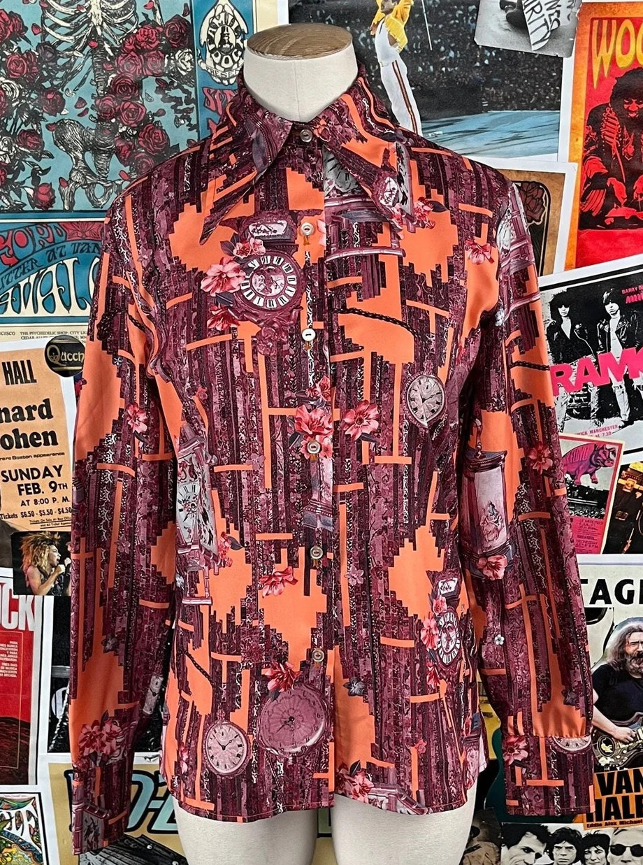 Vtg 60s-70s Gino Rossi Chinoiserie Baroque Clocks Novelty Print Blouse XS Disco