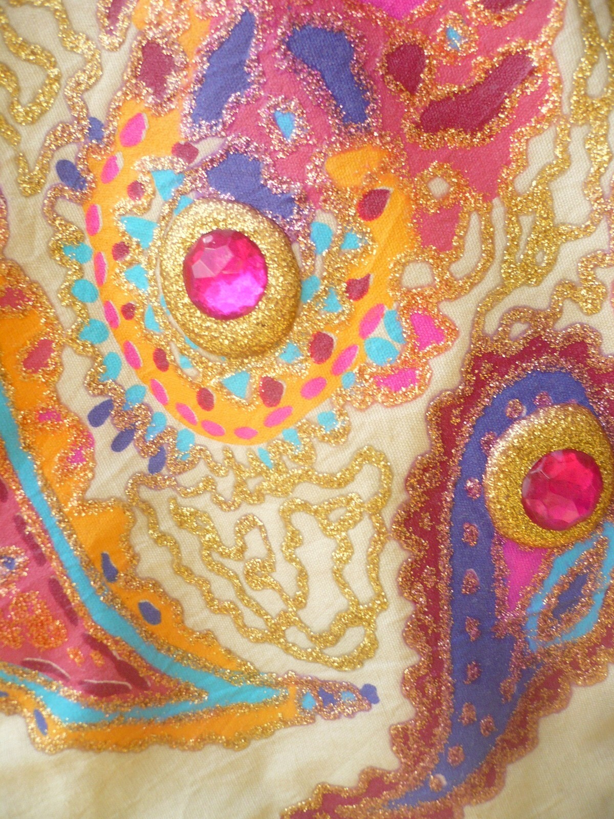 VTG 80S 90S DISCO PAINTED PAISLEY BIG RHINESTONE GOLD SPARKLE KHAKI SHIRT BLOUSE