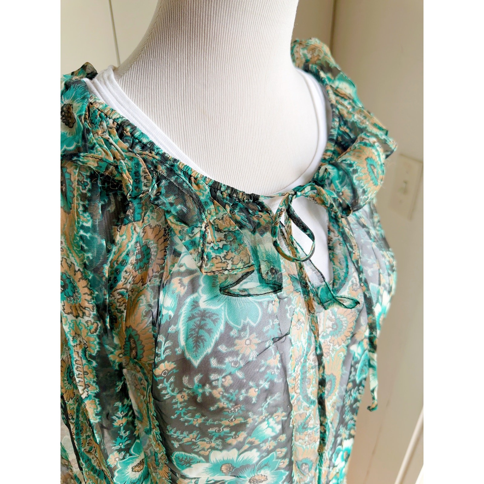 Womens Vintage Sheer Floral Poet Blouse Teal White ruffled Collar Designer