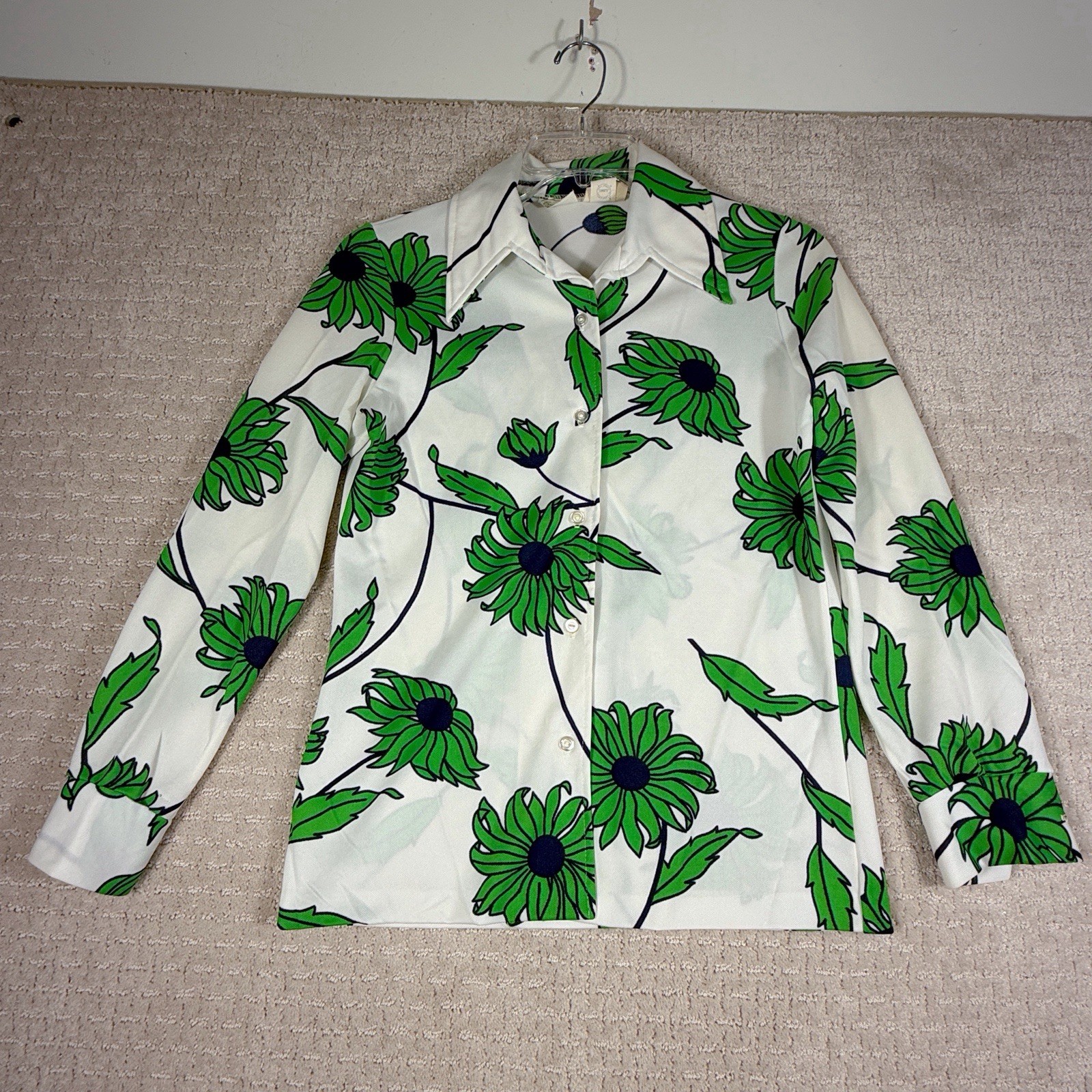 Vintage Beeline 70’s Blouse Women’s 14 USA Union Hippy Retro Point Collar Flower