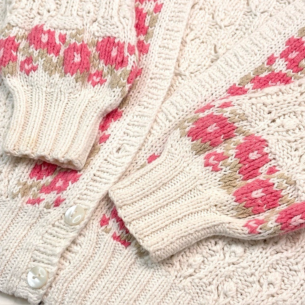 Vintage Cottage-core 80’s White Pink Floral Hand Knit Granny Cardigan Sweater