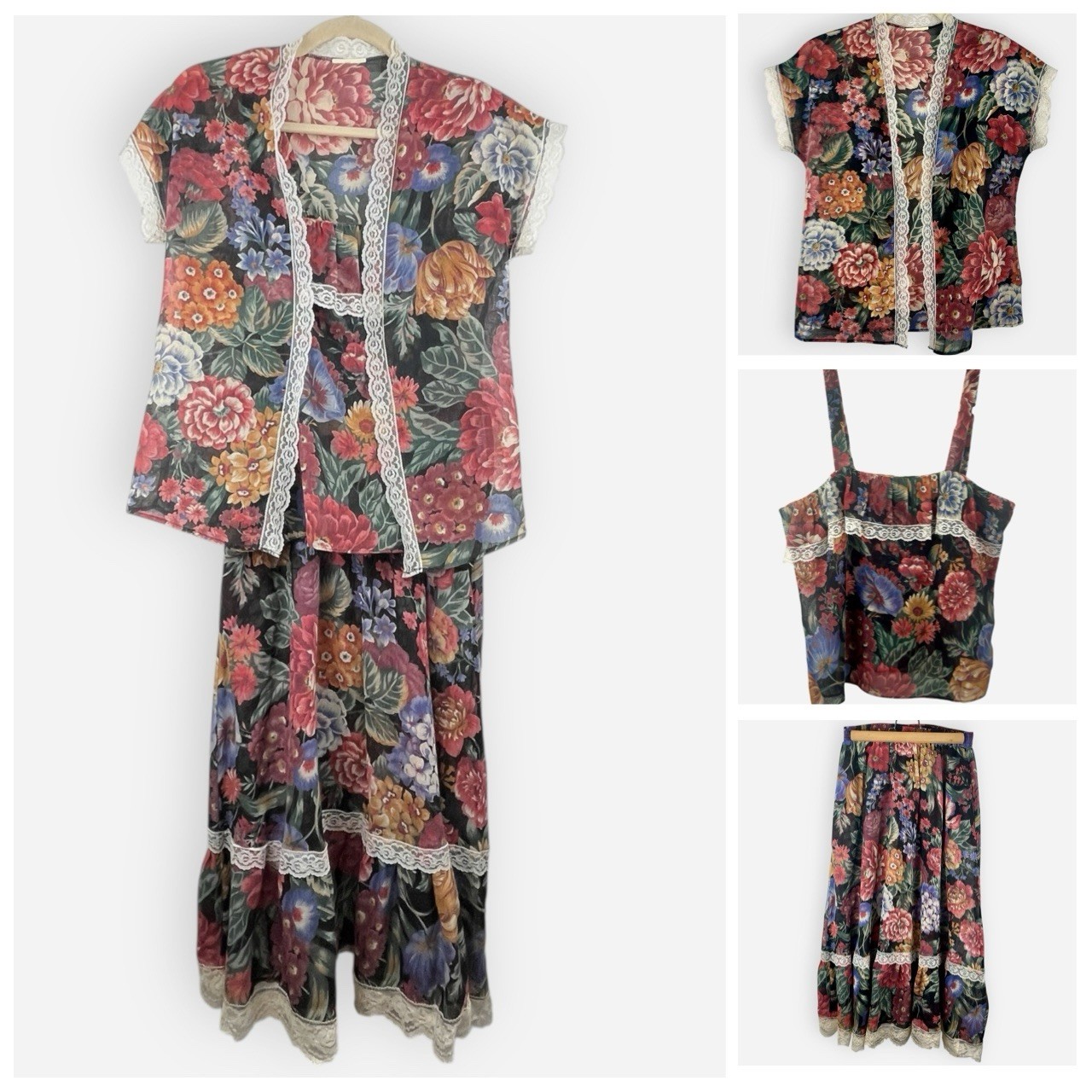 Vintage California Connection 70s 3 Piece Top Skirt Jacket Set Floral Lace Sheer