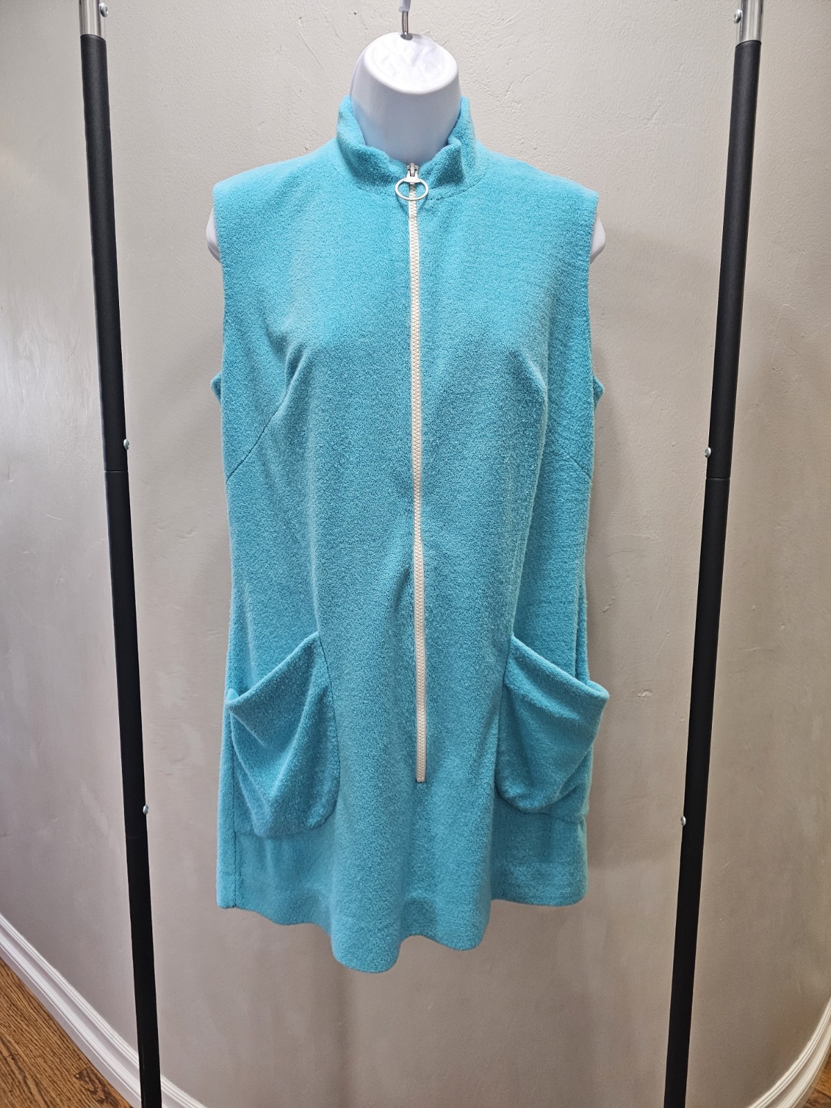 VTG Terry Cloth DeWeese Design 70s Retro Swim Coverup Dress Zip Size L Blue Mod